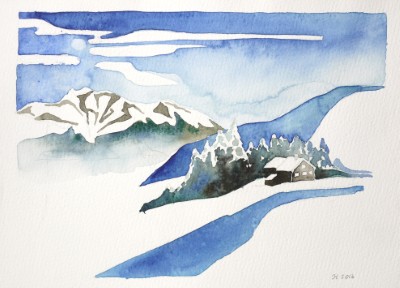 Aquarellbild mit  einer verschneiten Landschaft